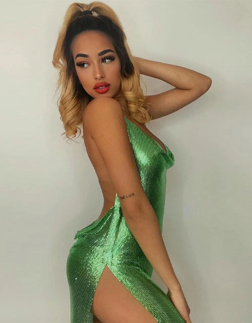 Load image into Gallery viewer, Sexy Sparkly Dress Halter V Neck Cami Mini Bodycon Club Party Dress Glitter Sleeveless High Slit Dress
